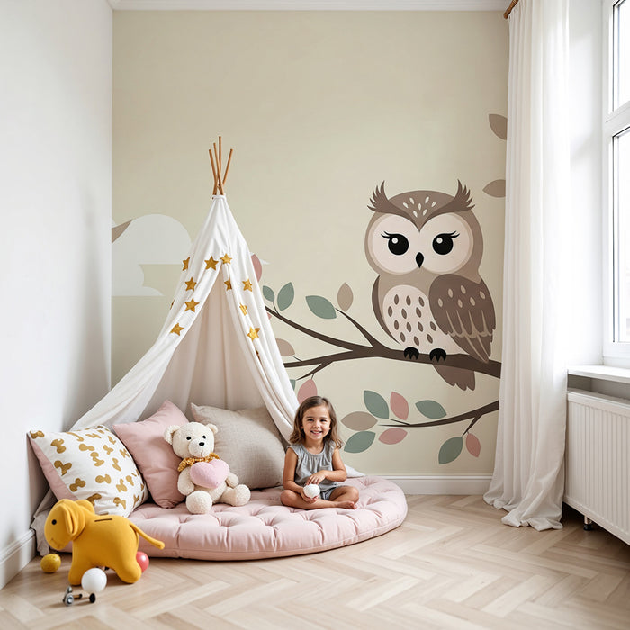 Nursery room wallpaper | Cute owl under the moon with pastel leaves