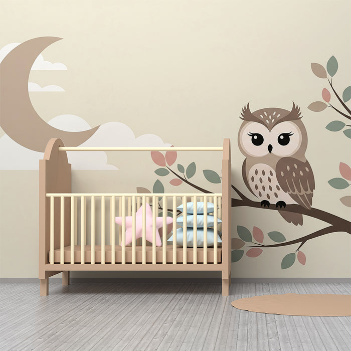 Nursery room wallpaper | Cute owl under the moon with pastel leaves