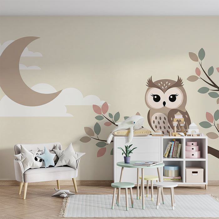 Nursery room wallpaper | Cute owl under the moon with pastel leaves