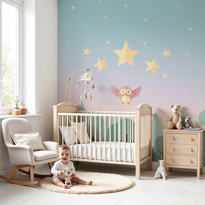 Babyzimmer Tapete | Niedliche Eule unter einem Sternenhimmel