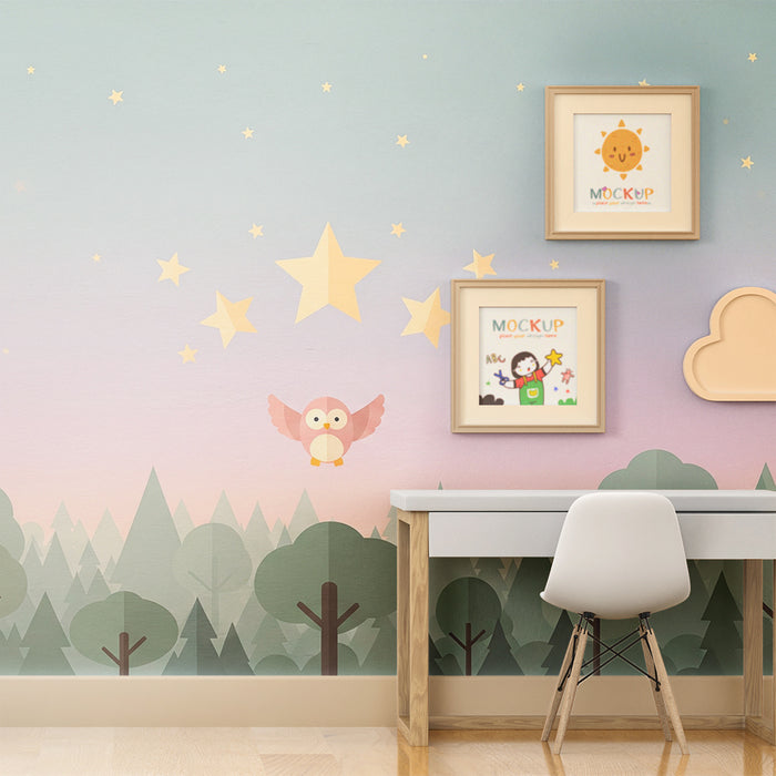 Babyzimmer Tapete | Niedliche Eule unter einem Sternenhimmel