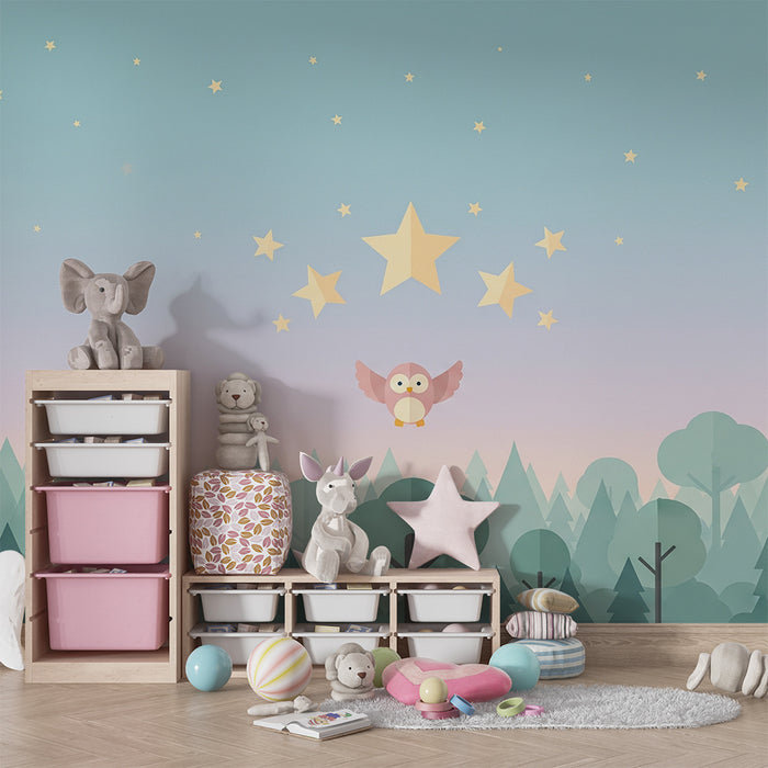 Babyzimmer Tapete | Niedliche Eule unter einem Sternenhimmel