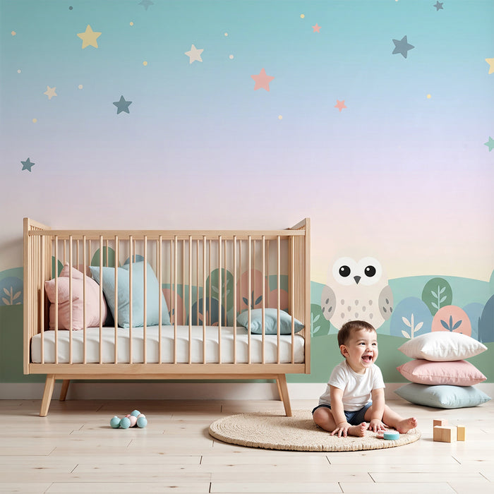 Babykamer behang | Schattige uil onder een pastelkleurige sterrenhemel