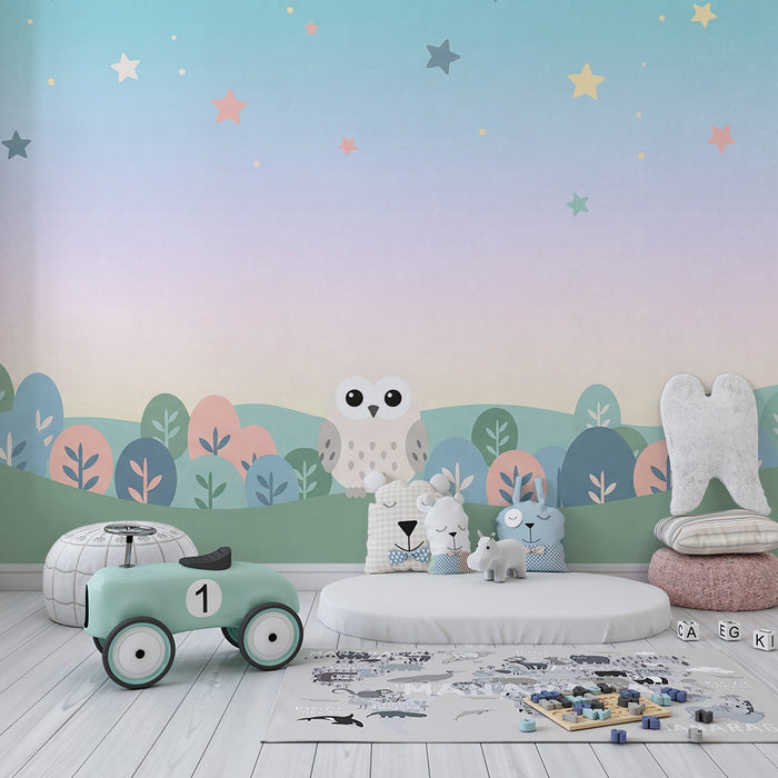 Babykamer behang | Schattige uil onder een pastelkleurige sterrenhemel