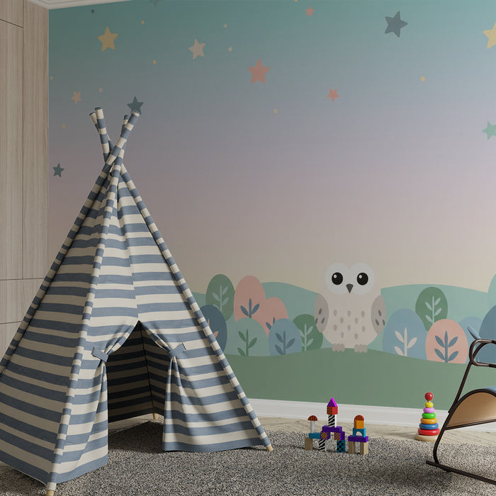 Babykamer behang | Schattige uil onder een pastelkleurige sterrenhemel