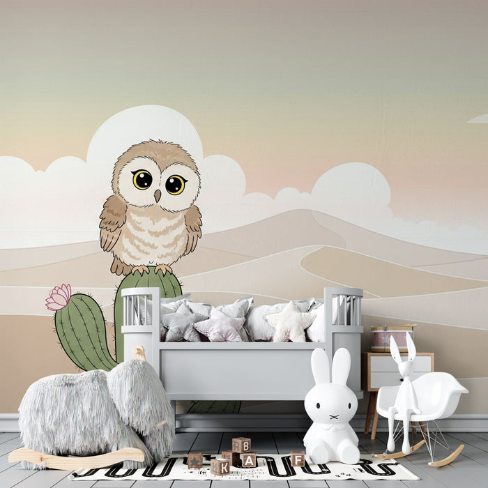 Carta da parati bambini | Gufo carino su cactus nel deserto
