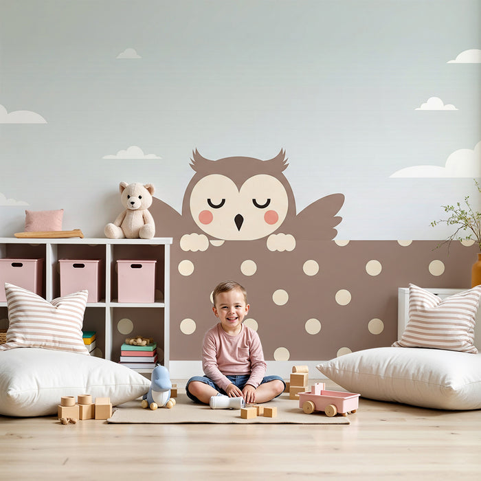 Papier peint chambre bébé | Hibou mignon sur fond à pois doux