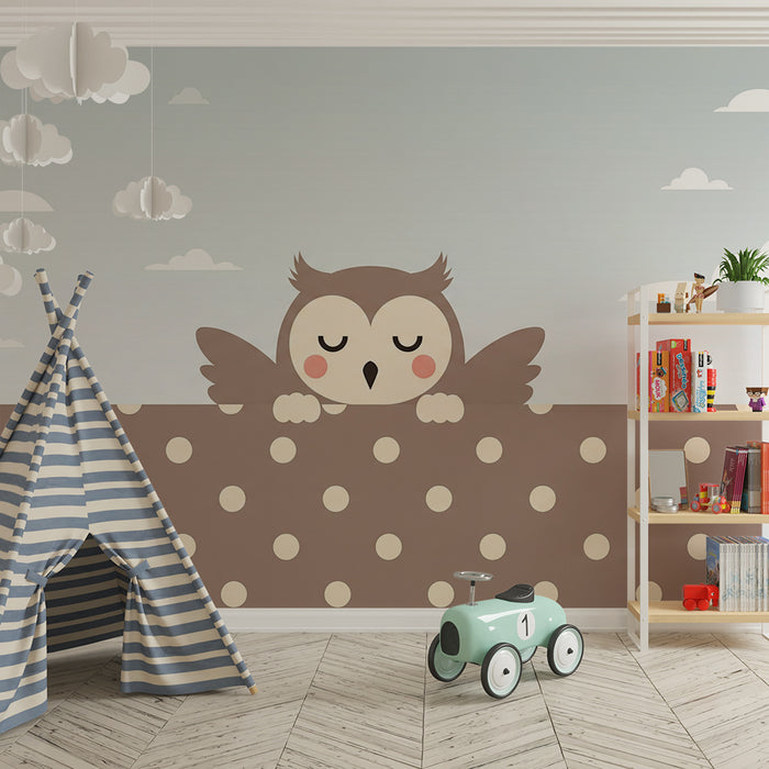 Papier peint chambre bébé | Hibou mignon sur fond à pois doux