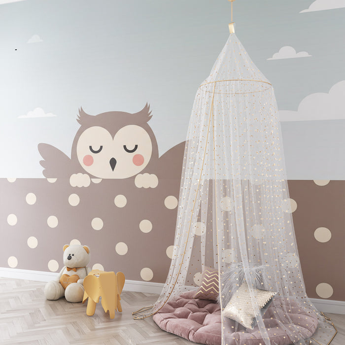 Papier peint chambre bébé | Hibou mignon sur fond à pois doux