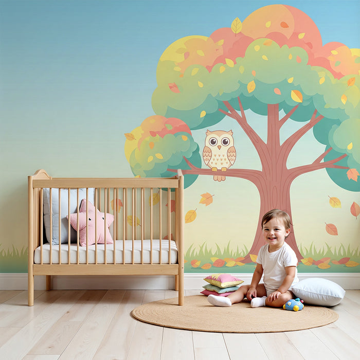 Nursery room wallpaper | Cute owl on a tree with colorful leaves