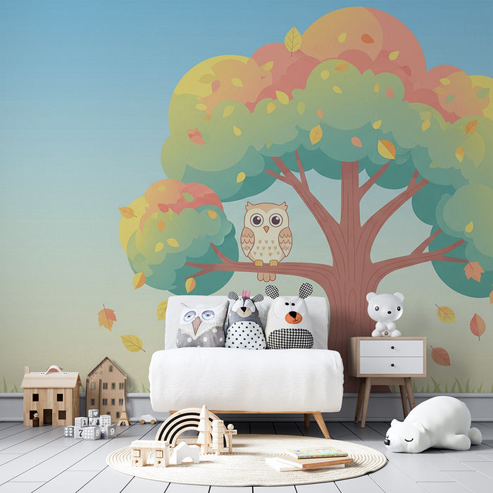 Nursery room wallpaper | Cute owl on a tree with colorful leaves