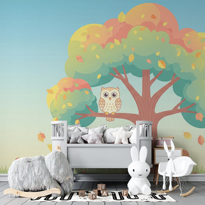 Nursery room wallpaper | Cute owl on a tree with colorful leaves