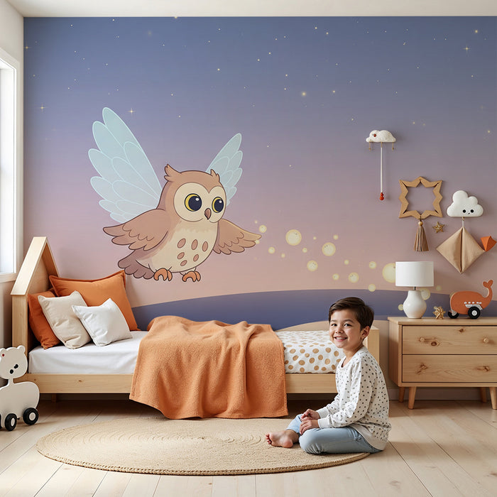 Papier de parede izba pre bábätko | Rozkošná sova na hviezdnom duhu
