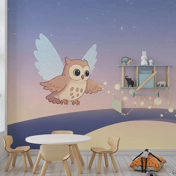 Papier de parede izba pre bábätko | Rozkošná sova na hviezdnom duhu