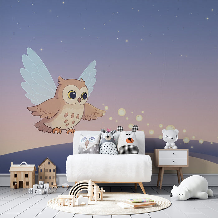 Papier de parede izba pre bábätko | Rozkošná sova na hviezdnom duhu