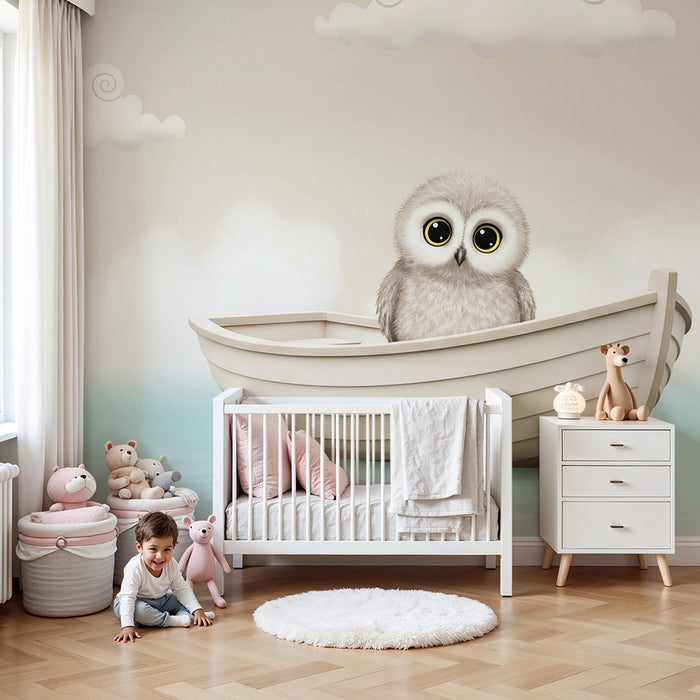 Papier peint chambre bébé | Hibou mignon sur un bateau