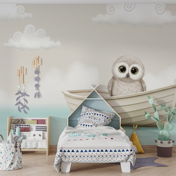 Papier peint chambre bébé | Hibou mignon sur un bateau