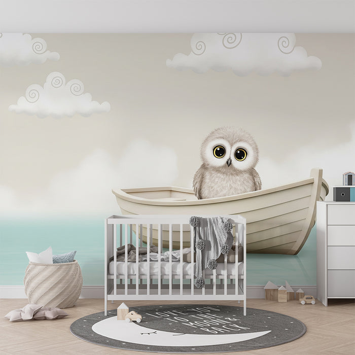 Papier peint chambre bébé | Hibou mignon sur un bateau