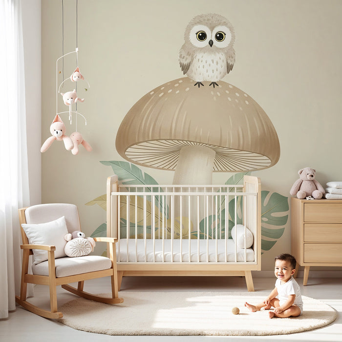 Papier peint chambre bébé | Hibou mignon sur un champignon