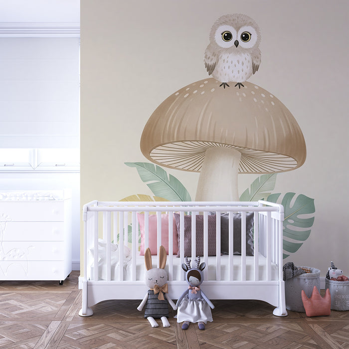 Papier peint chambre bébé | Hibou mignon sur un champignon
