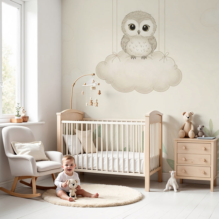Papier peint chambre bébé | Hibou mignon sur un nuage