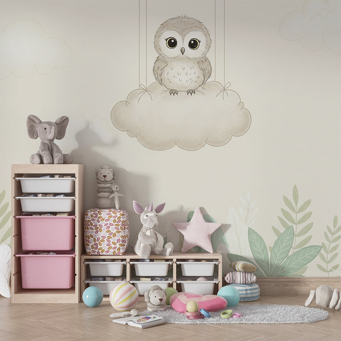 Papier peint chambre bébé | Hibou mignon sur un nuage