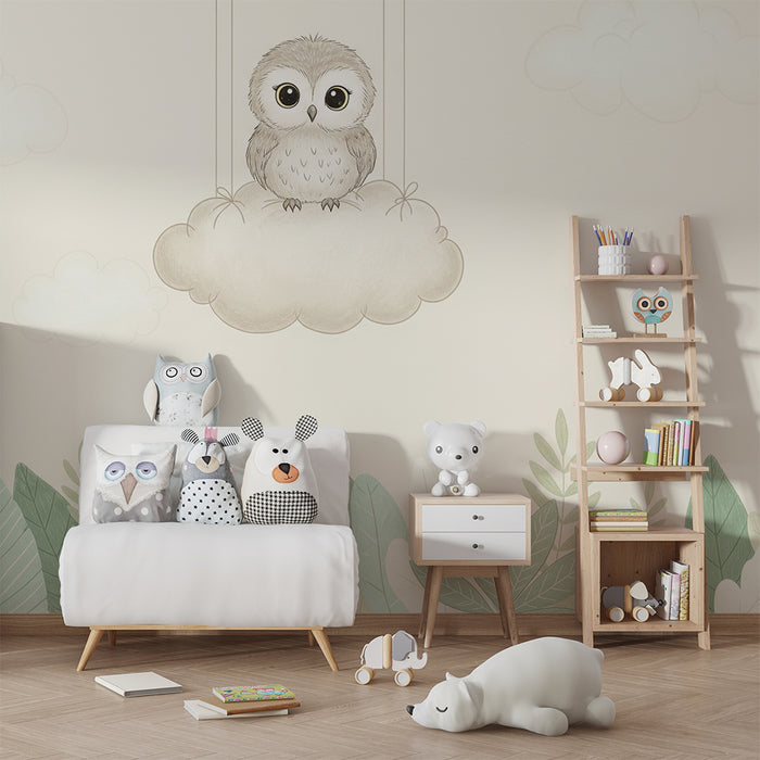 Papier peint chambre bébé | Hibou mignon sur un nuage
