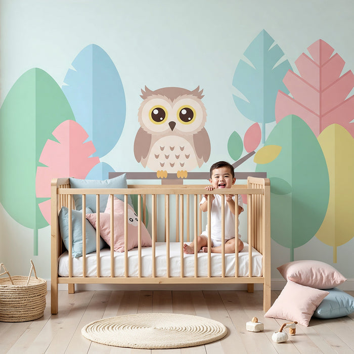Nursery room wallpaper | Cute owl on a branch with colorful foliage