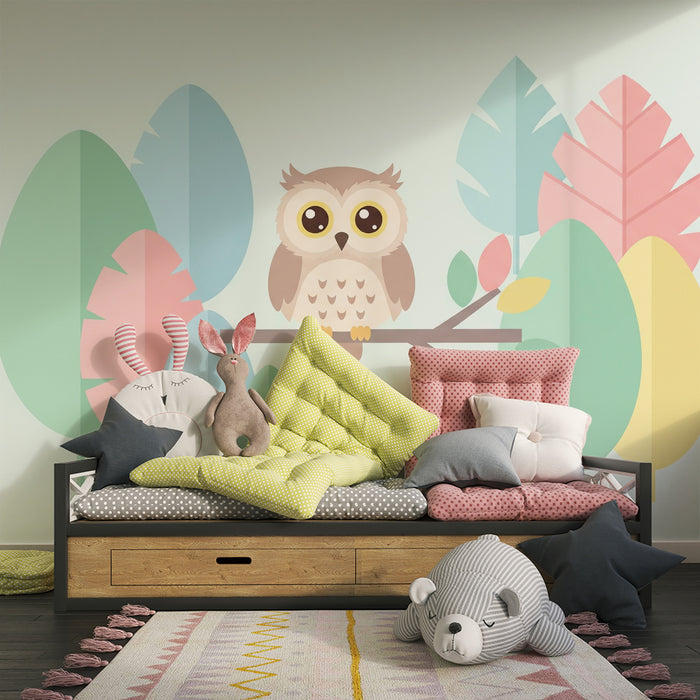 Nursery room wallpaper | Cute owl on a branch with colorful foliage