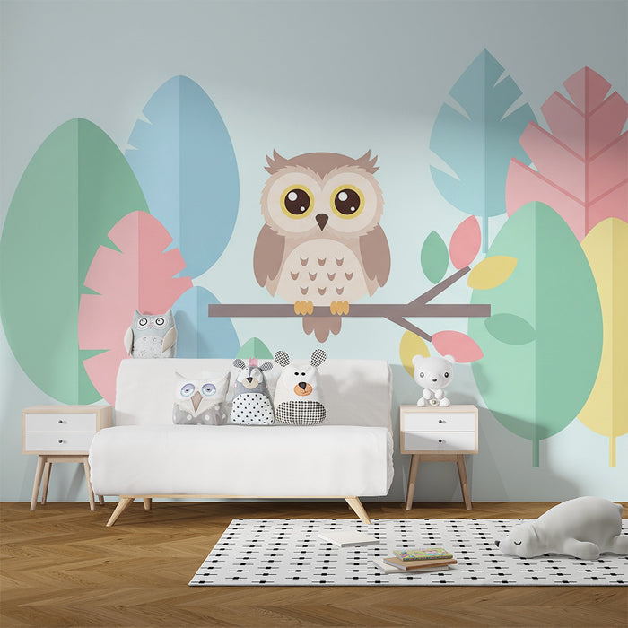 Nursery room wallpaper | Cute owl on a branch with colorful foliage