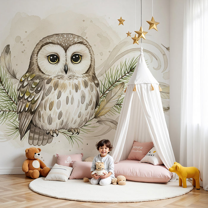 Papier peint chambre bébé | Hibou mignon sur une branche avec plumes délicates