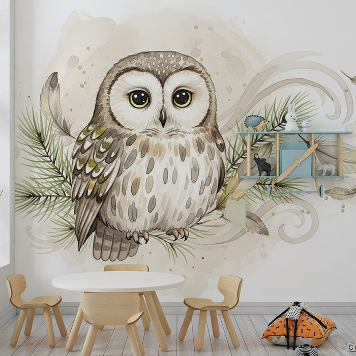 Papier peint chambre bébé | Hibou mignon sur une branche avec plumes délicates