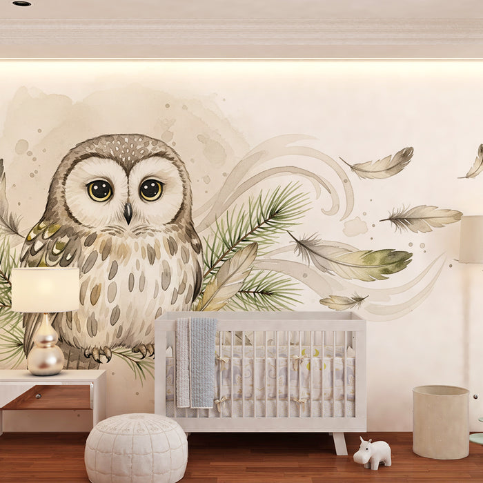 Papier peint chambre bébé | Hibou mignon sur une branche avec plumes délicates