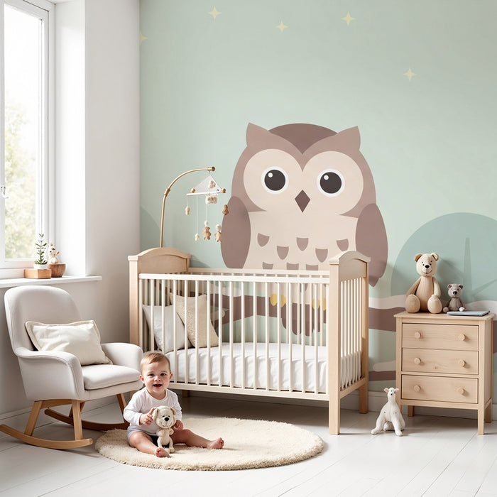 Nursery room wallpaper | Cute owl on a branch in a wintery setting