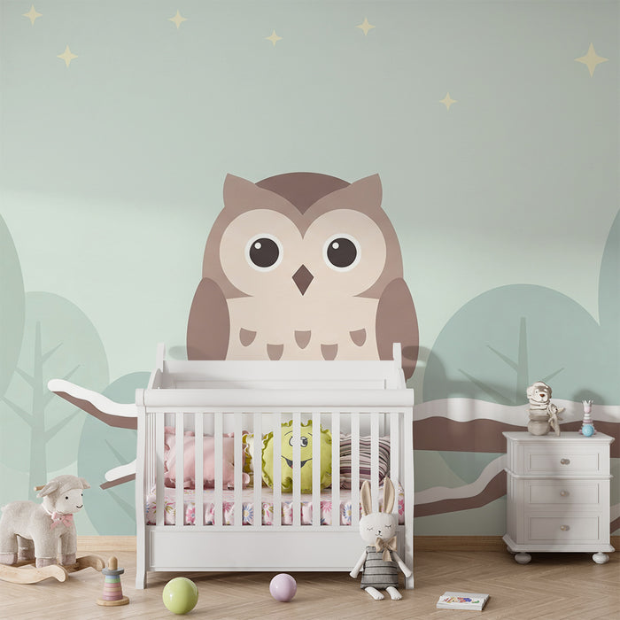 Nursery room wallpaper | Cute owl on a branch in a wintery setting