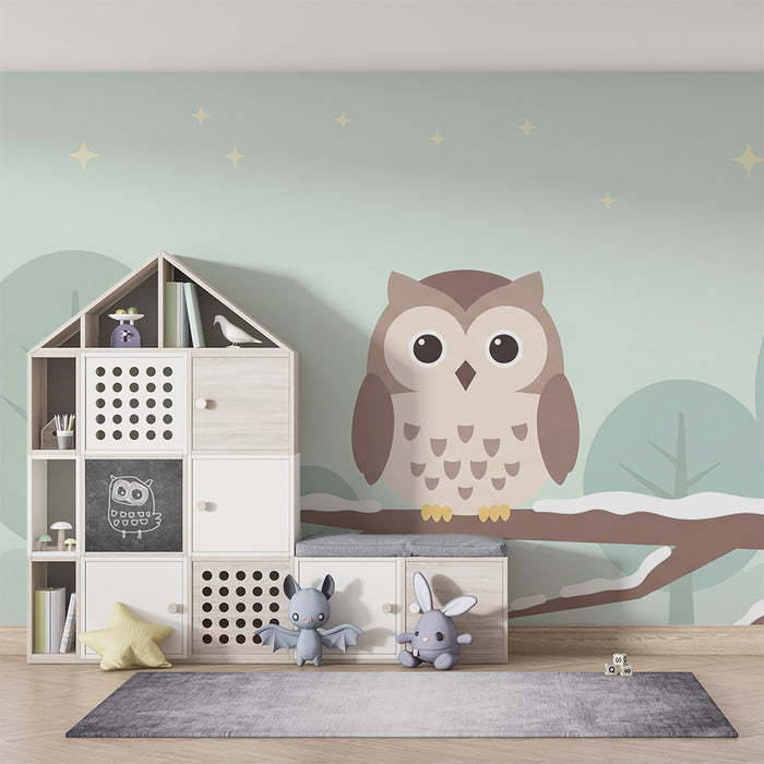Nursery room wallpaper | Cute owl on a branch in a wintery setting