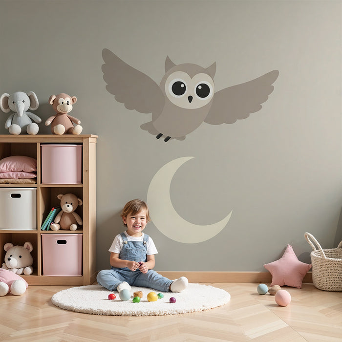 Lastenhuoneen tapetti | Söpö pöllö lentää kuun alla