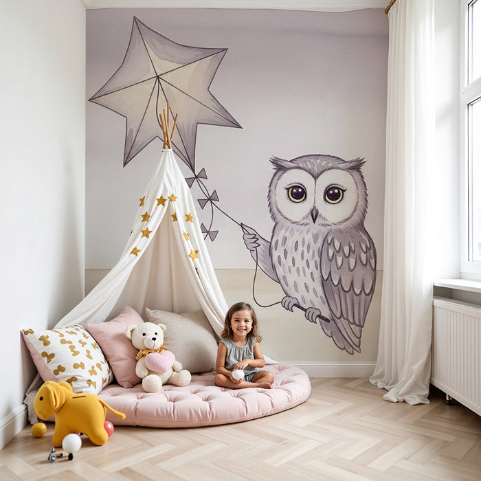 Papier peint chambre bébé | Hibou rêveur avec étoile