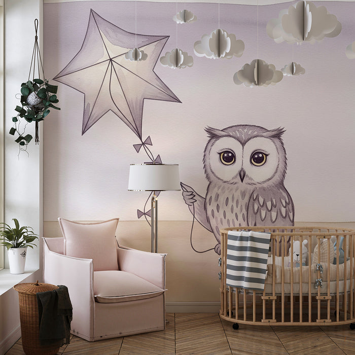 Papier peint chambre bébé | Hibou rêveur avec étoile