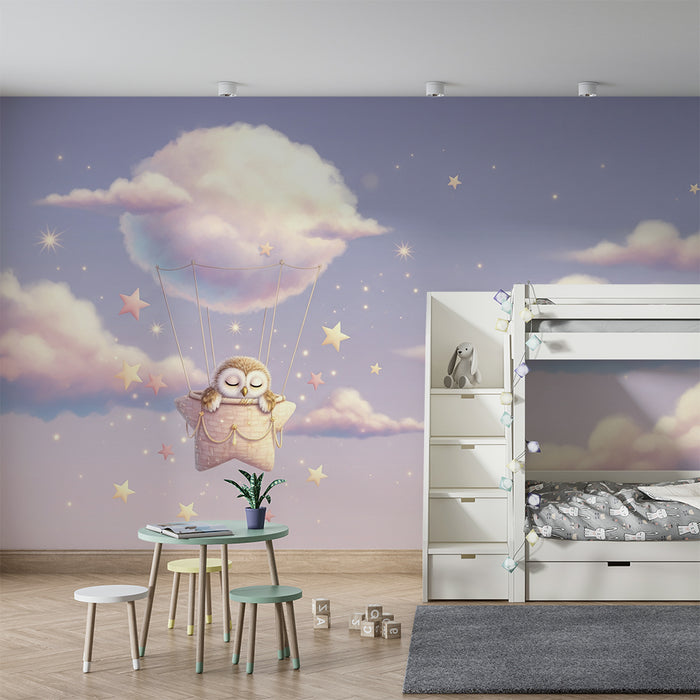 Papel de parede para quarto de bebé | Coruja sonhadora a flutuar entre nuvens e estrelas