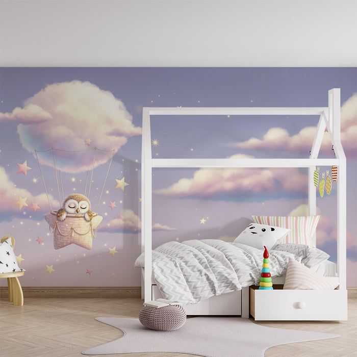 Papel de parede para quarto de bebé | Coruja sonhadora a flutuar entre nuvens e estrelas