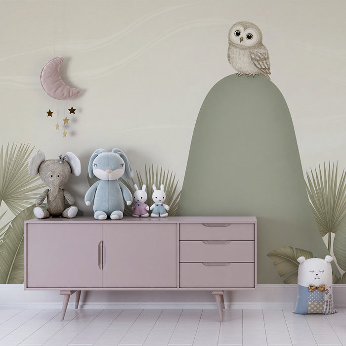 Babyzimmer Tapete | Eule auf einem friedlichen Hügel