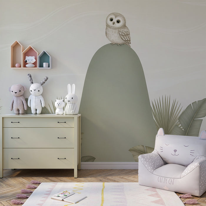 Babyzimmer Tapete | Eule auf einem friedlichen Hügel