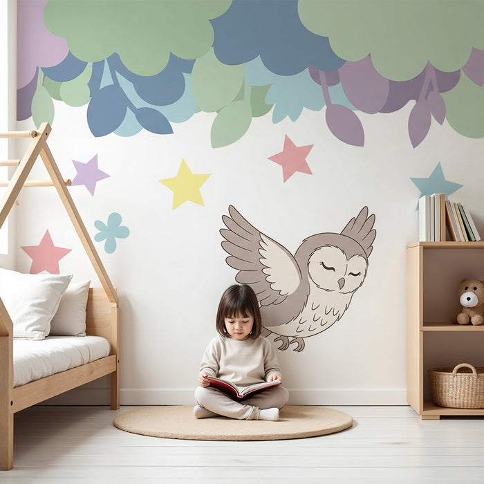 Babykamer behang | Vliegende uil onder een pastelkleurige sterrenhemel