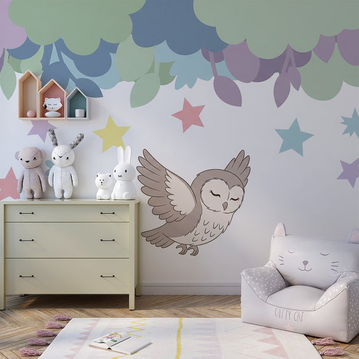 Babykamer behang | Vliegende uil onder een pastelkleurige sterrenhemel