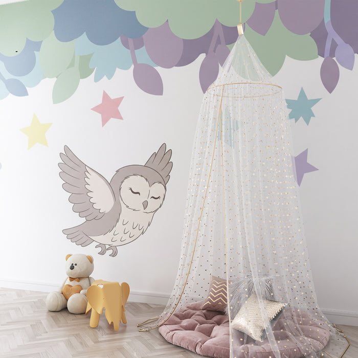 Babykamer behang | Vliegende uil onder een pastelkleurige sterrenhemel