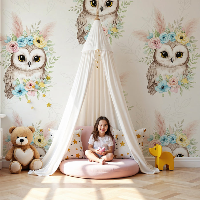 Lastenhuoneen tapetti | Suloiset pöllöt värikkäillä kukkakruunuilla