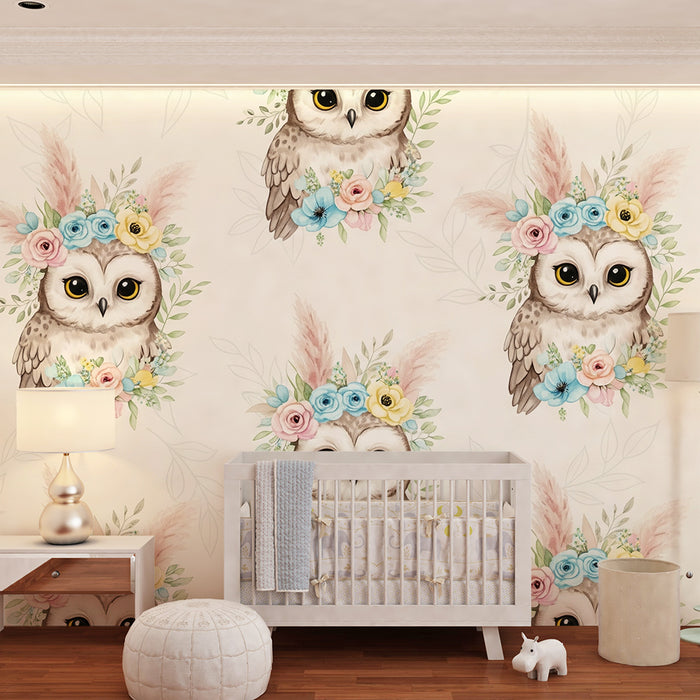 Lastenhuoneen tapetti | Suloiset pöllöt värikkäillä kukkakruunuilla