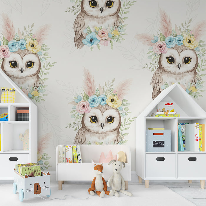 Lastenhuoneen tapetti | Suloiset pöllöt värikkäillä kukkakruunuilla