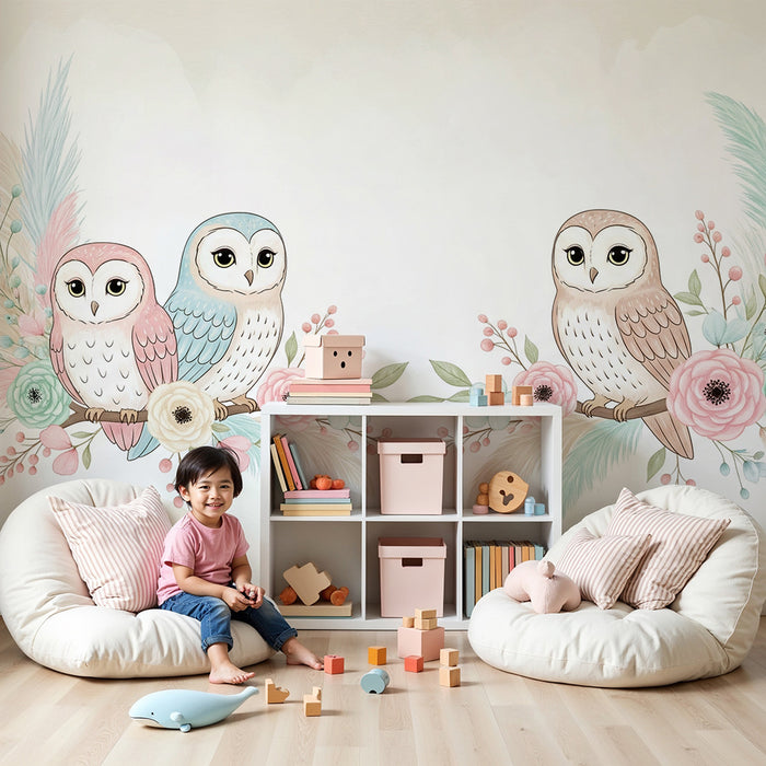 Barntapet | Bedårande ugglor omgivna av pastellblommor
